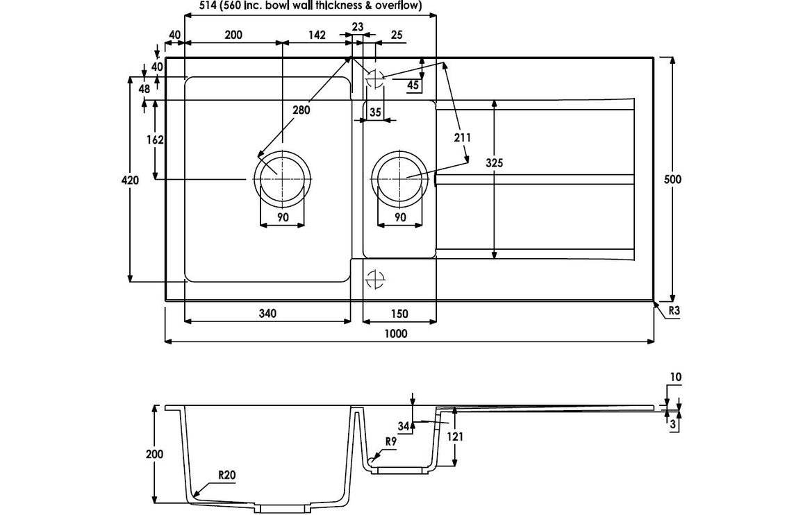Abode Zero 1.5B & Drainer Granite Inset Sink - White