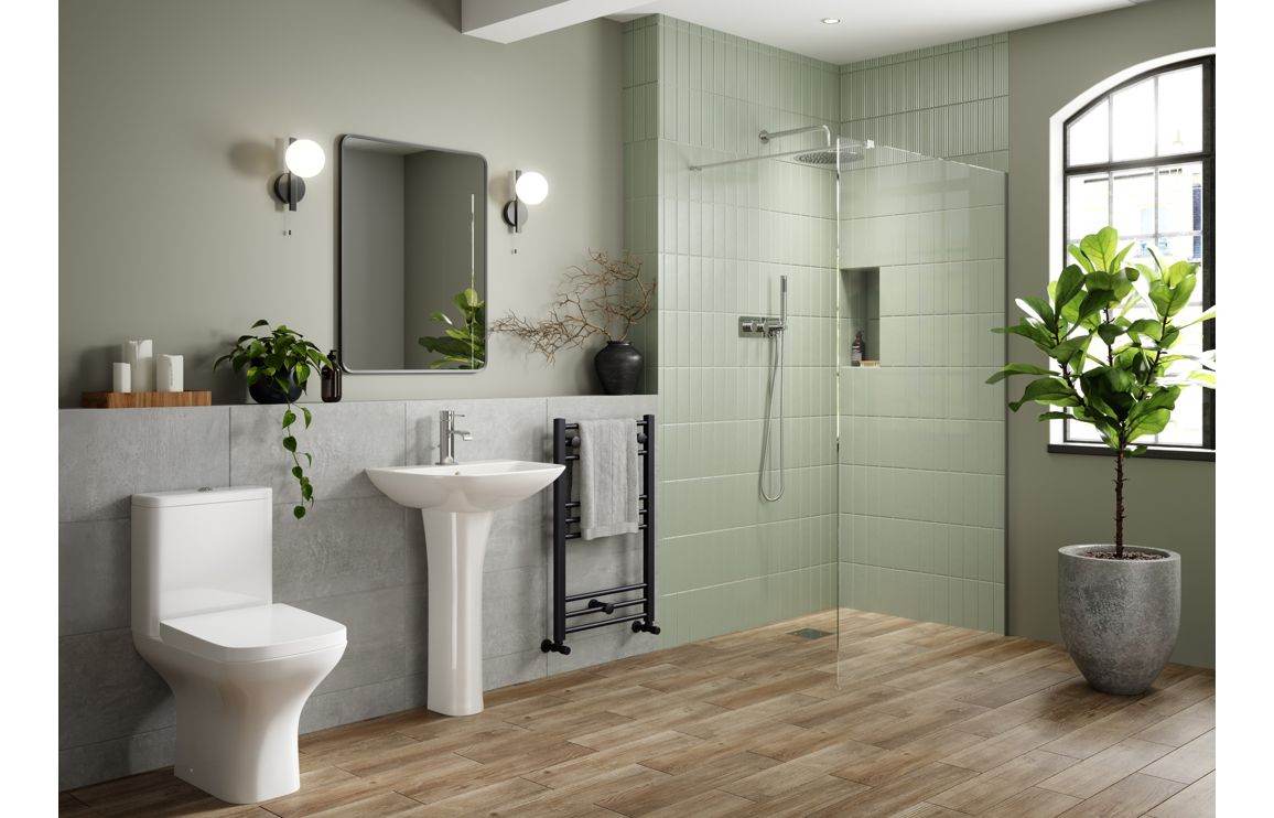 Cedarwood Short Projection Close Coupled Open Back WC & Wrapover Soft Close Seat