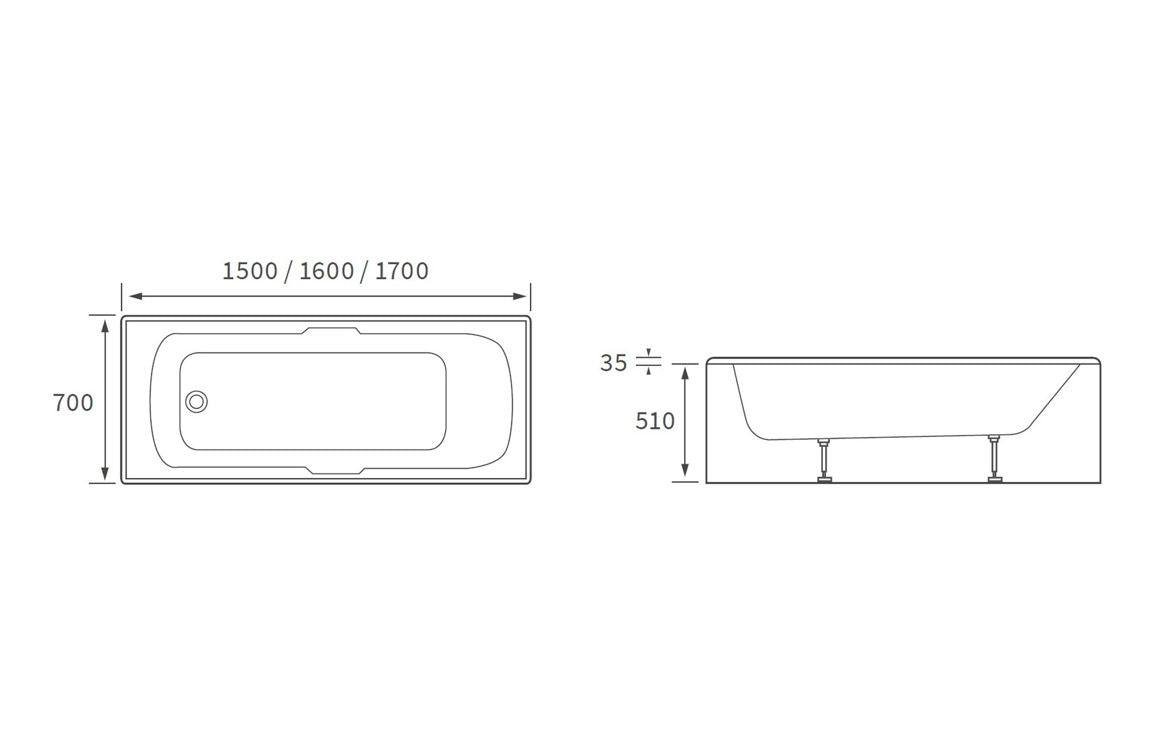Baltimore Gripped 1500/1600/1700x700x550mm 0TH Bath w/Legs