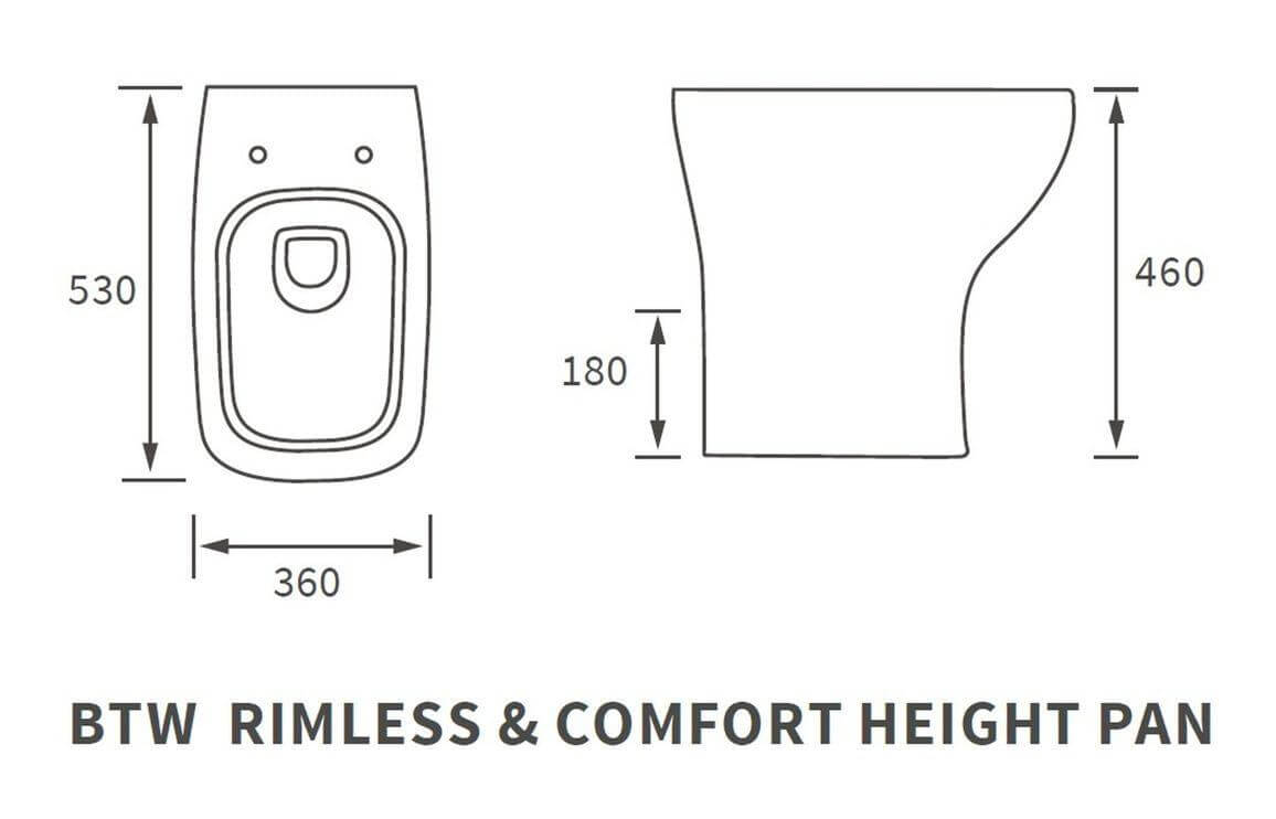 Cedarwood Rimless Comfort Height Back To Wall WC PJTC including height and width measurements.