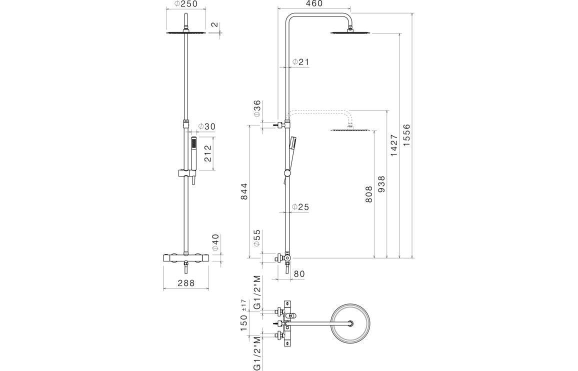 Vema Thermostatic Round Bar Valve w/Fixed Head & Riser - Chrome