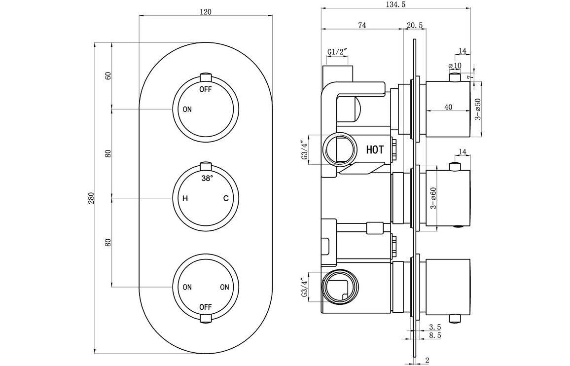 Aurora Thermostatic Three Outlet Triple Shower Valve - Chrome