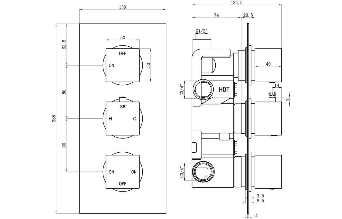 Cosmic Thermostatic Three Outlet Triple Shower Valve - Chrome
