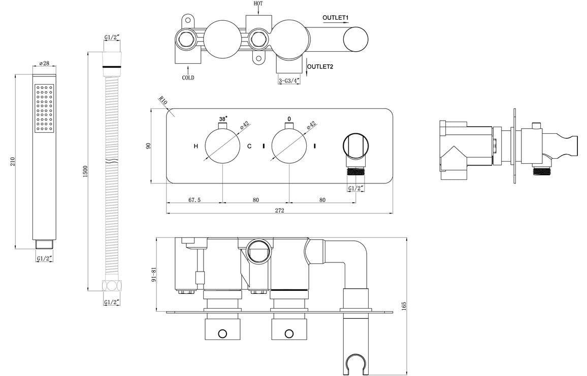Luna Shower Pack Two - Two Outlet Twin Shower Valve w/Handset & Brass Overhead - Chrome