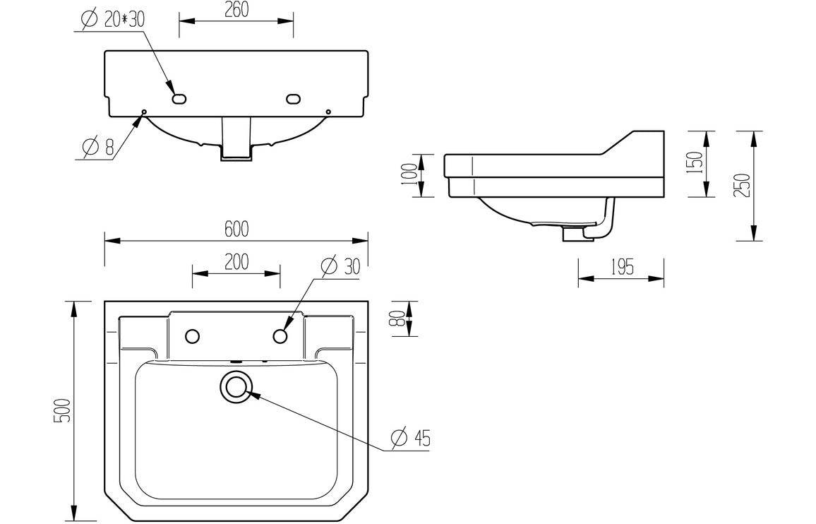 Sherbourne 600x500mm 2TH Basin & Full Pedestal