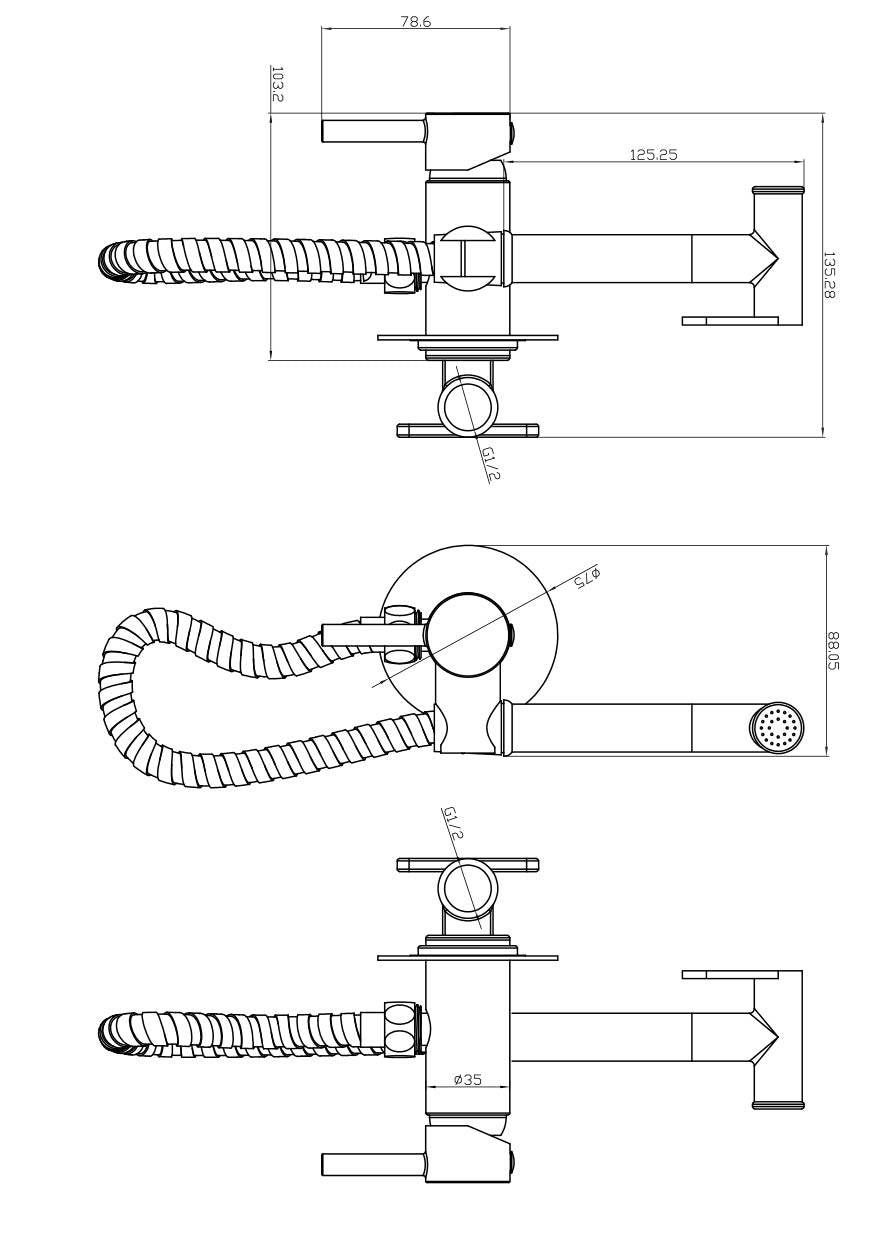 Douche Handset, Flexi, Holder and Outlet Elbow Brushed Brass