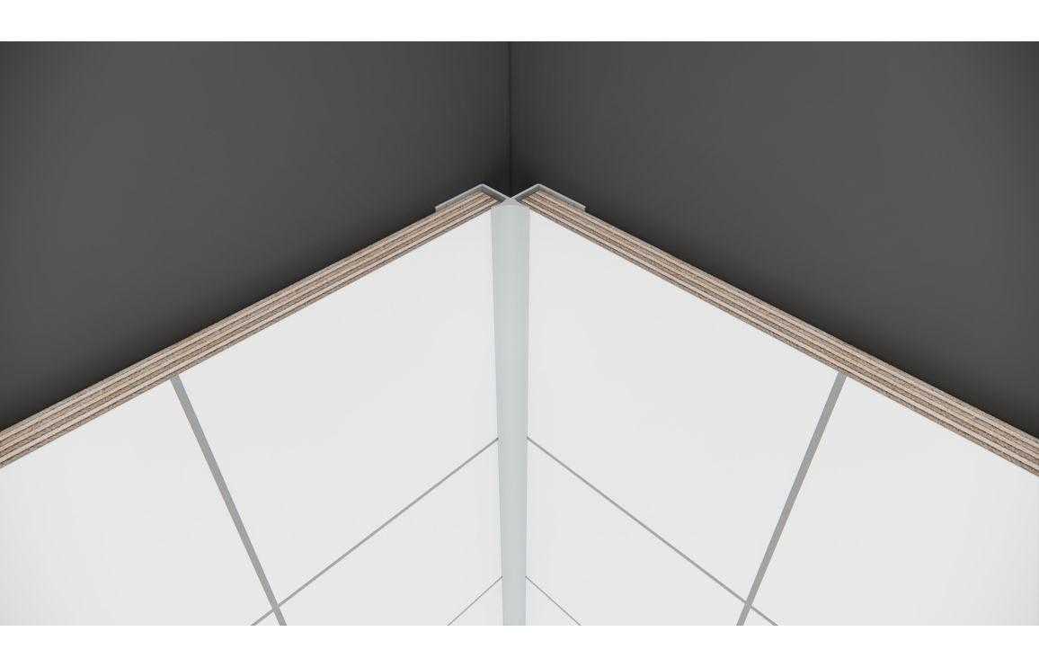 Fibo Aluminium 135° Internal Wall Profile 2.4m installed at corner joint of white wall panels. Ideal for bathroom wall panelling solutions.