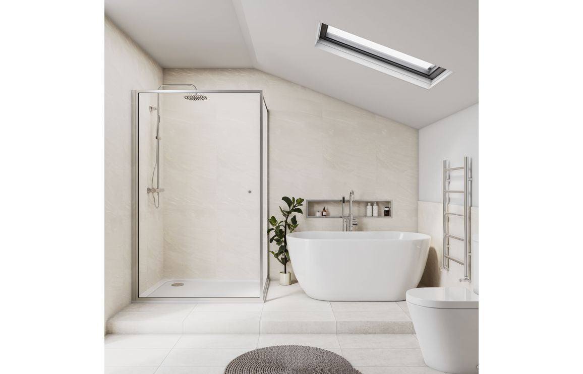 Fibo Scandinavian Beige Stone Tile Effect installed in modern bathroom