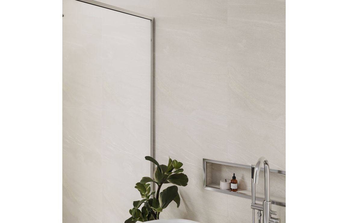 Fibo Scandinavian Beige Stone Tile Effect installed in modern bathroom