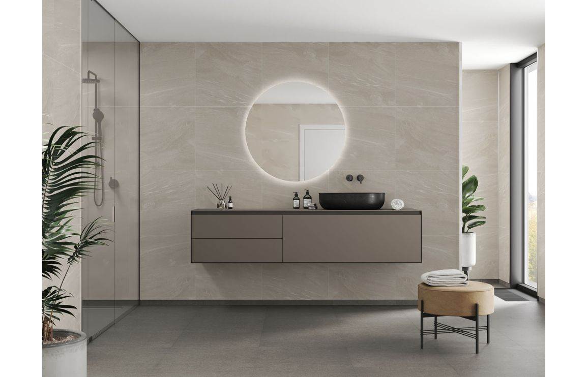 Fibo Scandinavian Beige Stone Tile Effect installed in modern bathroom