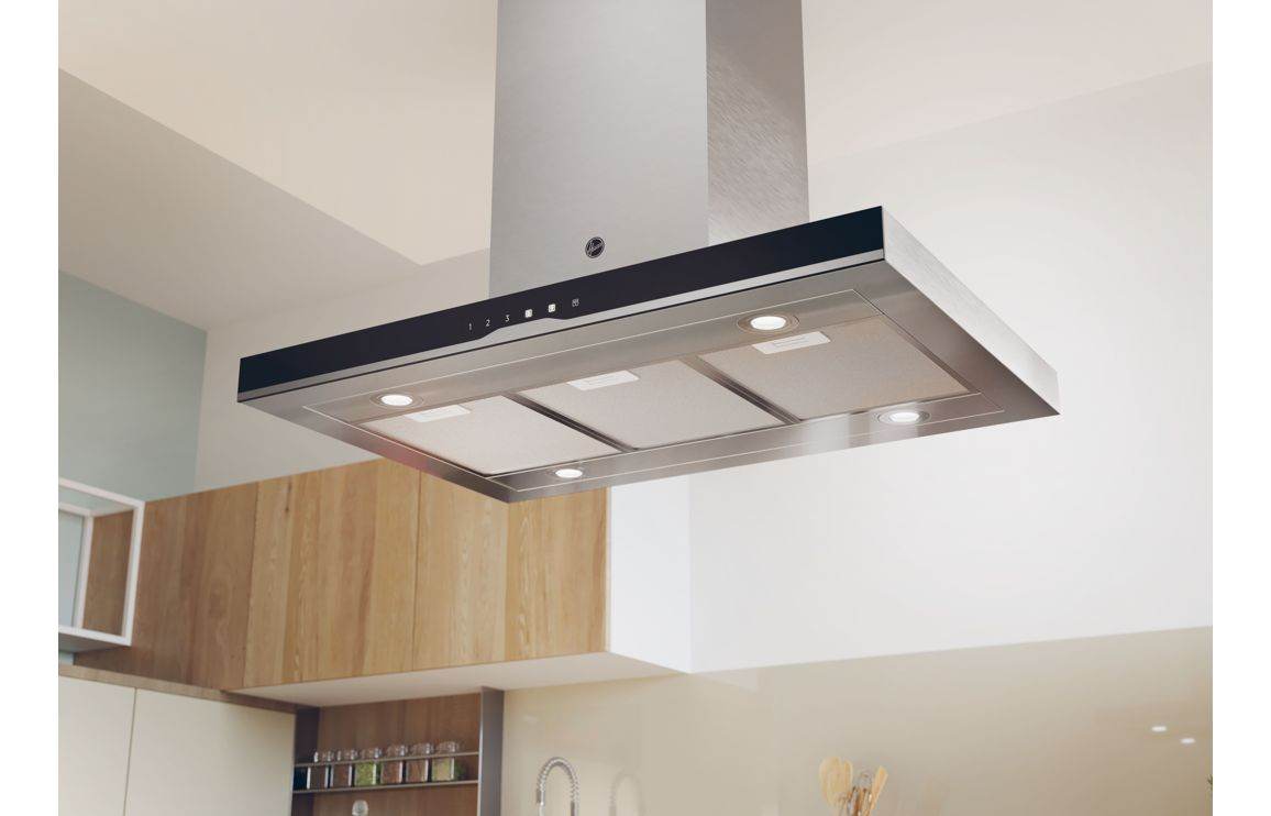 Hoover H500 HTSI9CBK5XWIFI 90cm T-Shape Island Hood - Black Glass & St/Steel
