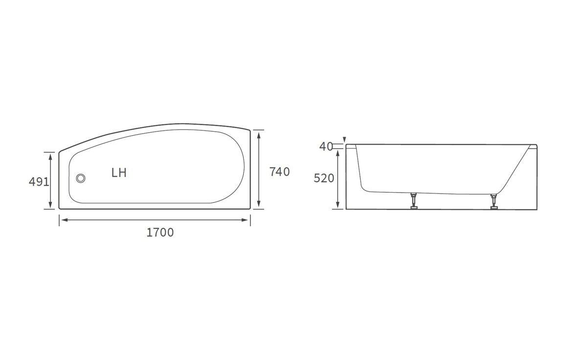 Kismet Space Saving 1700x740x560mm 0TH Bath w/Legs (LH or RH)