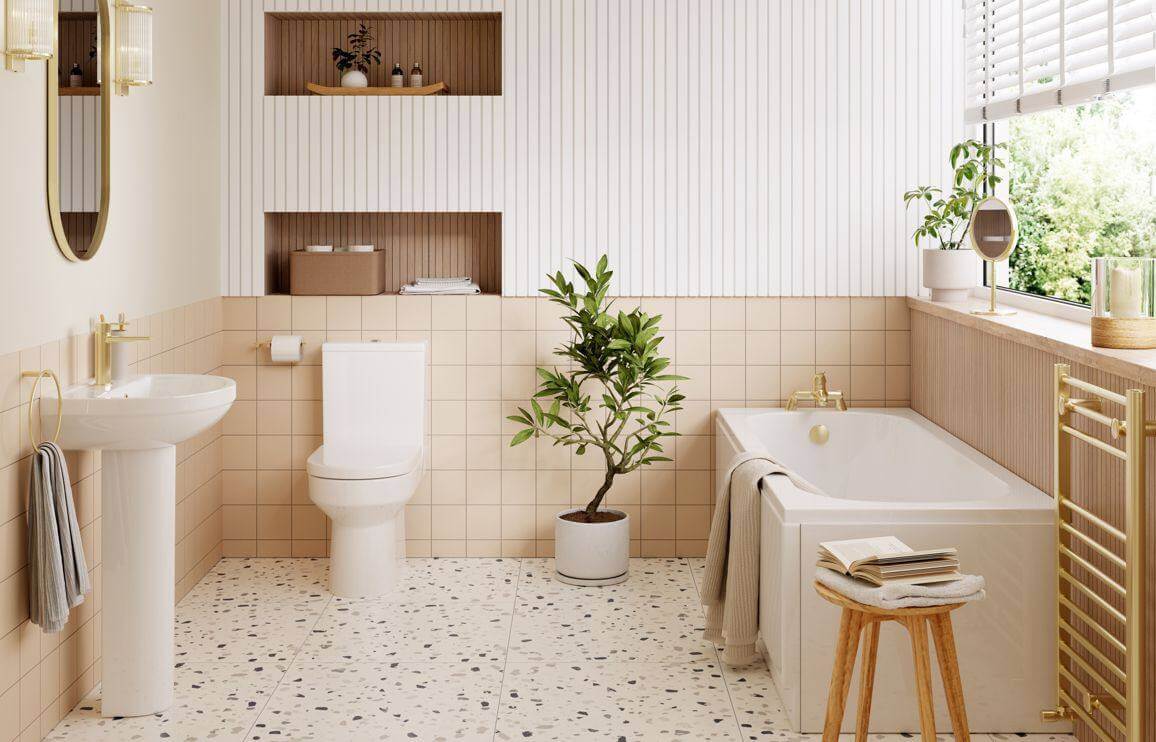 Stylish bathroom featuring rimless back to wall WC, bathtub, and modern decor by PJTC Ltd.