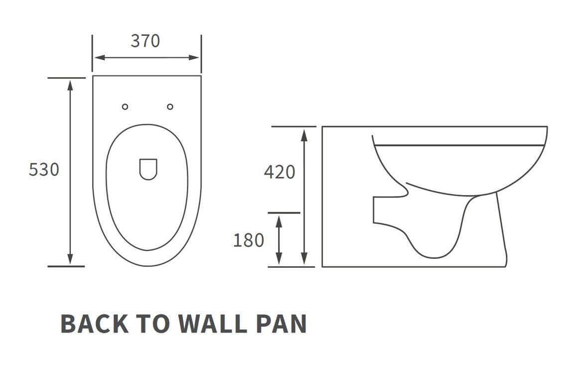 Rimless back to wall WC dimensions showing front and side view with size measurements for bathroom installation.