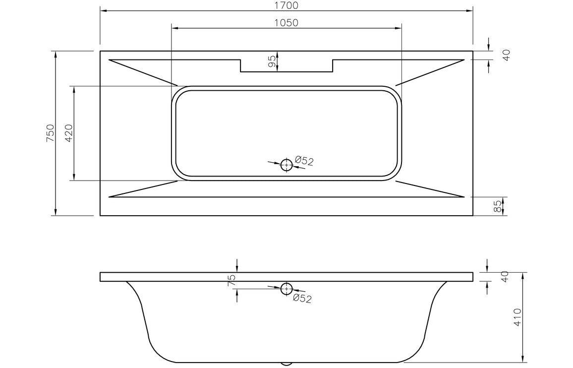 Malone Deluxe Square Double Ended 1700x750x550mm 0TH Bath w/Legs