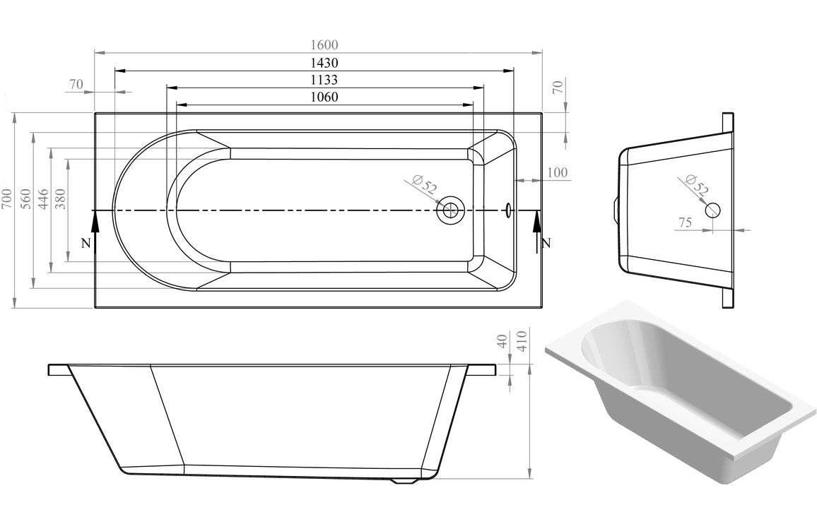 Miami Round Single Ended 1500/1600/1700/1800mm 0TH Bath w/Legs