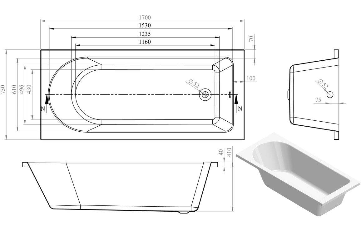 Miami Round Single Ended 1500/1600/1700/1800mm 0TH Bath w/Legs