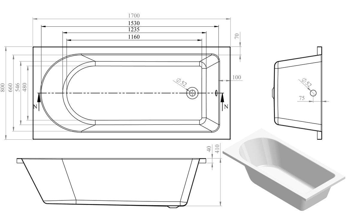 Miami Round Single Ended 1500/1600/1700/1800mm 0TH Bath w/Legs