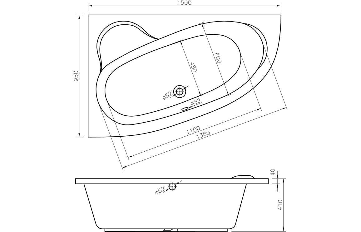 Miramar 1500x950x600mm 0TH Offset Corner Bath w/Legs (LH) or (RH)