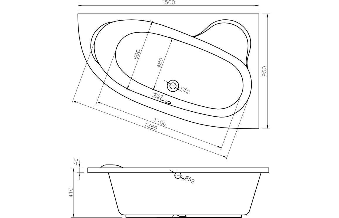 Miramar 1500x950x600mm 0TH Offset Corner Bath w/Legs (LH) or (RH)