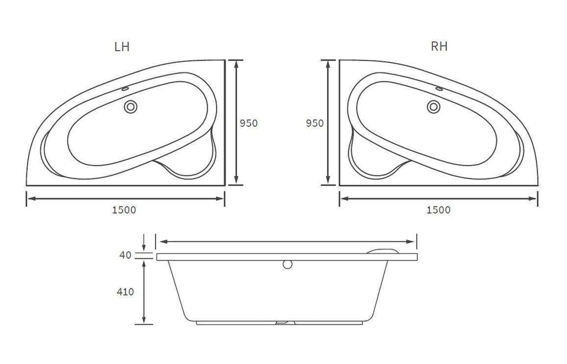 Miramar 1500x950x600mm 0TH Offset Corner Bath w/Legs (LH) or (RH)