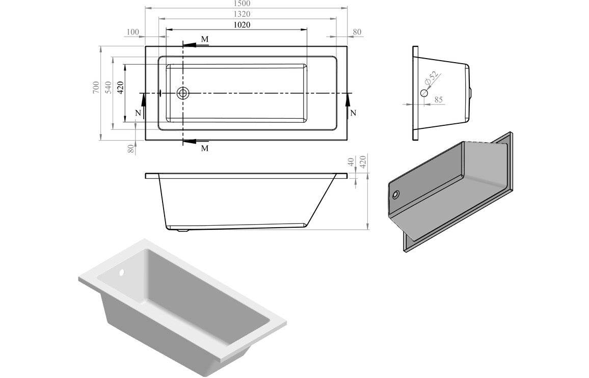 Navarre Square Single Ended 1500/1600/1700/1800mm 0TH Bath w/Legs