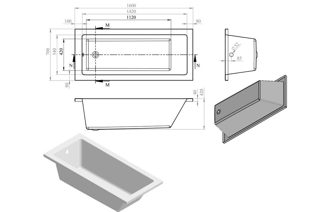 Navarre Square Single Ended 1500/1600/1700/1800mm 0TH Bath w/Legs