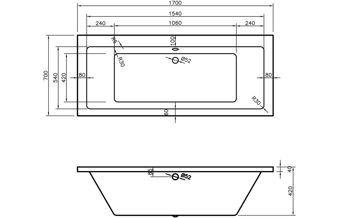 Navarre Square Double Ended 1700 or 1800x700 or 750 or 800x550mm 0TH Bath w/Legs