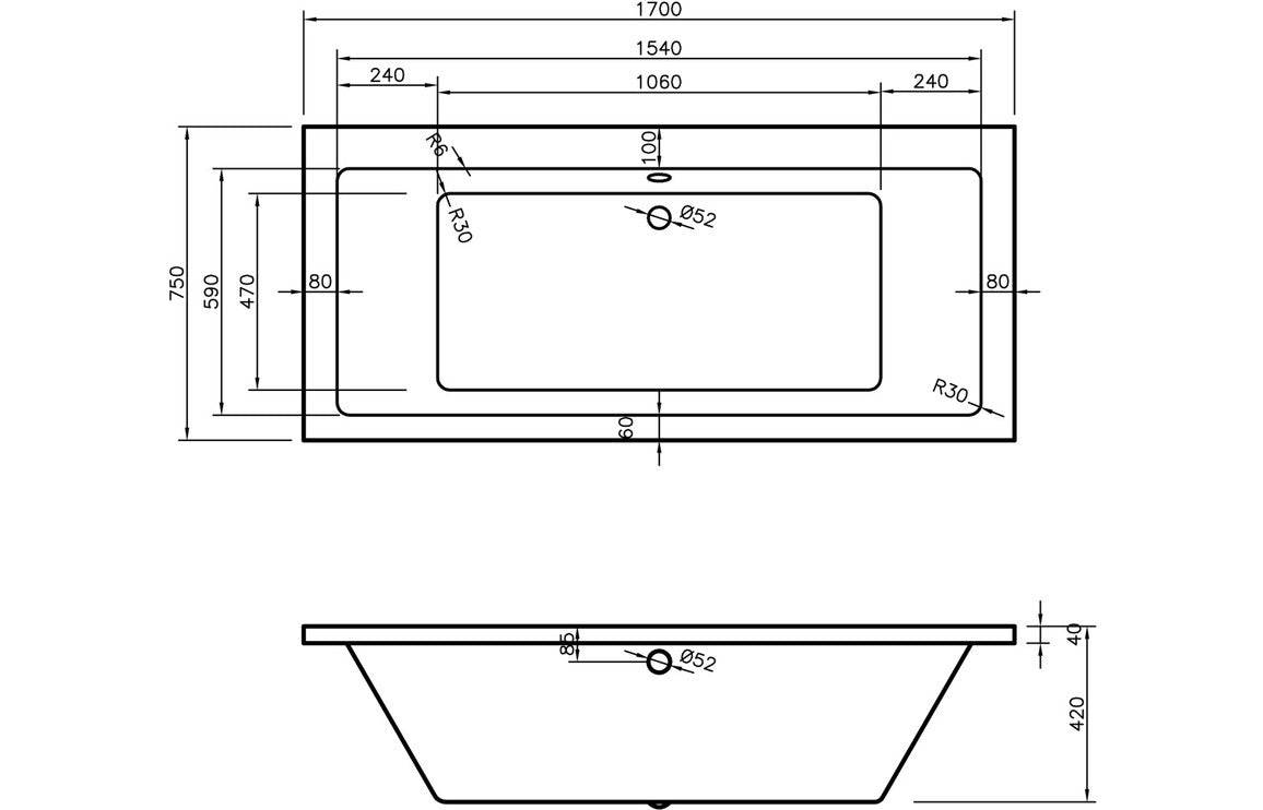 Navarre Square Double Ended SUPERCAST 1700x700/750x550mm 0TH Bath w/Legs