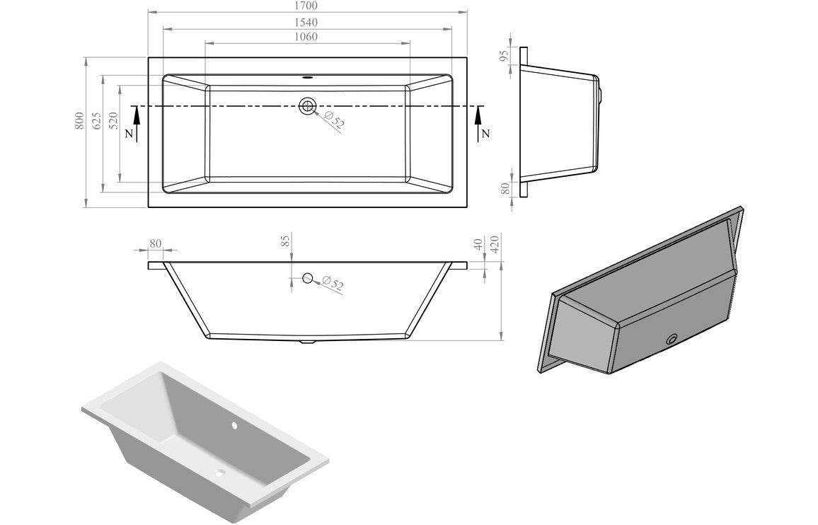 Navarre Square Double Ended 1700 or 1800x700 or 750 or 800x550mm 0TH Bath w/Legs