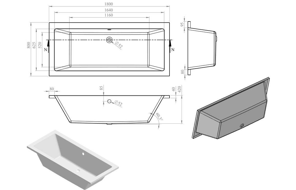 Navarre Square Double Ended 1700 or 1800x700 or 750 or 800x550mm 0TH Bath w/Legs