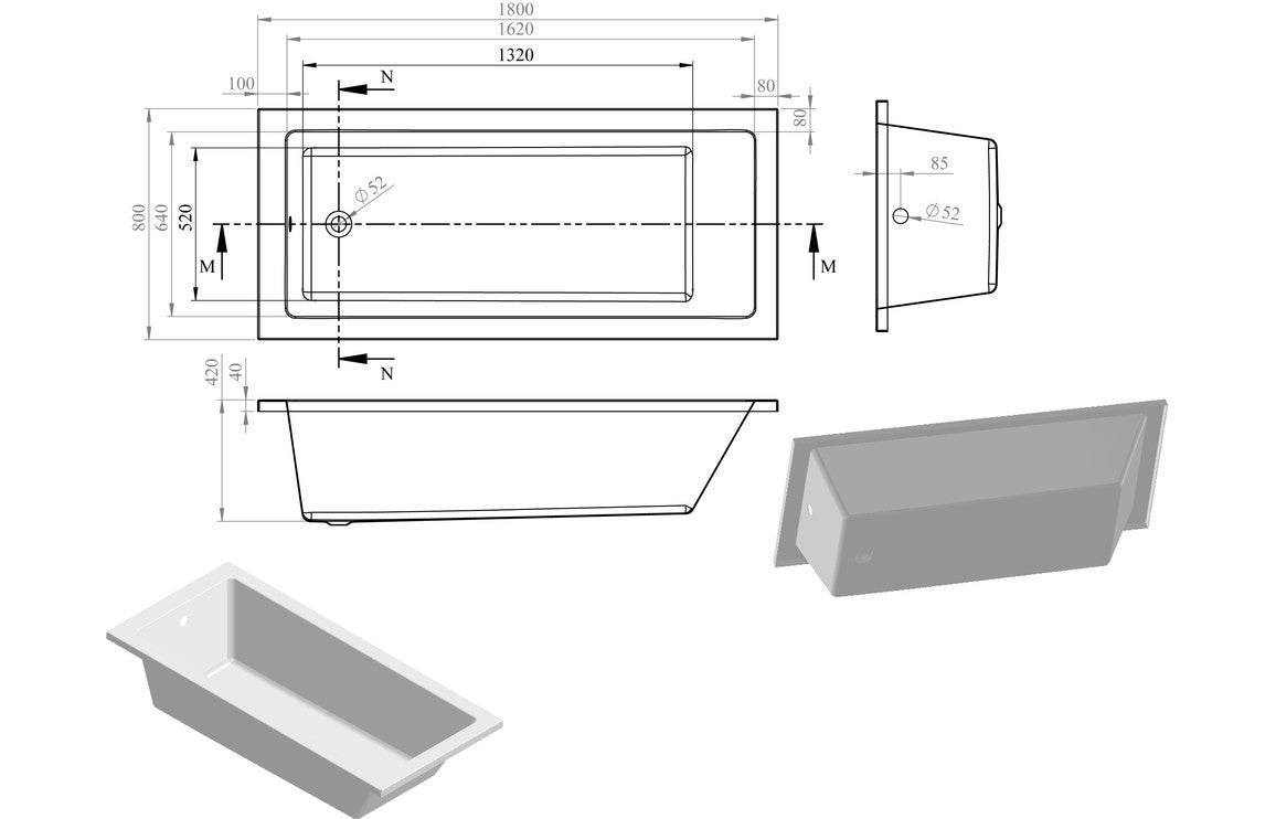 Navarre Square Single Ended 1500/1600/1700/1800mm 0TH Bath w/Legs