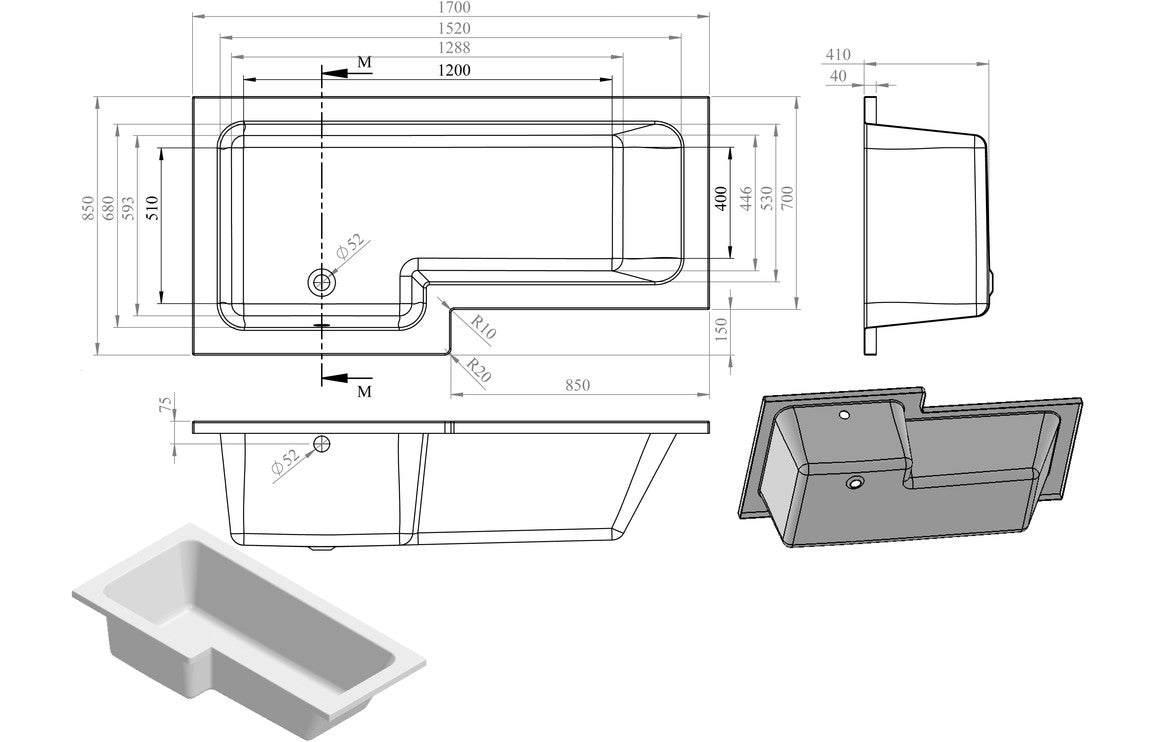 Navarre L Shape SUPERCAST 1700x850x560mm 0TH Shower Bath Pack (LH) or (RH)