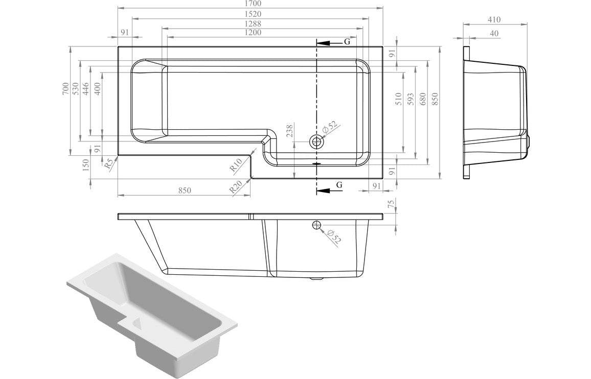 Navarre L Shape SUPERCAST 1700x850x560mm 0TH Shower Bath Pack (LH) or (RH)