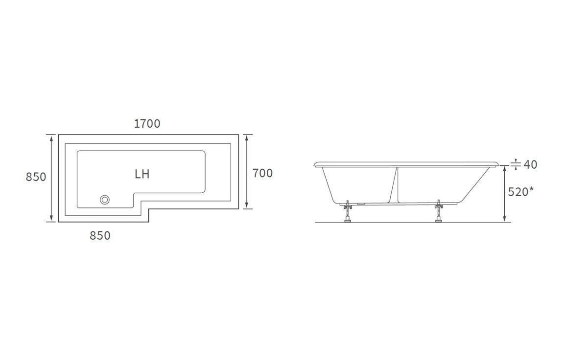 Navarre L Shape SUPERCAST 1700x850x560mm 0TH Shower Bath Pack (LH) or (RH)