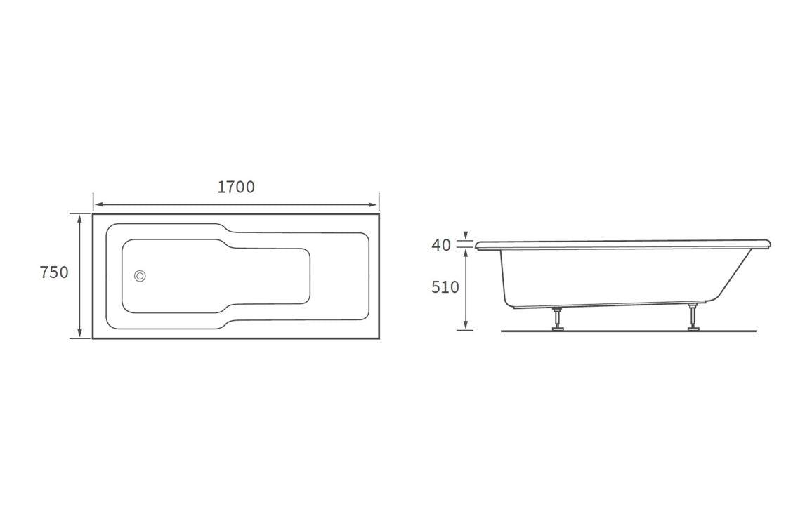 Ocala Straight 1700x750x550mm 0TH "C" Shower Bath w/Legs