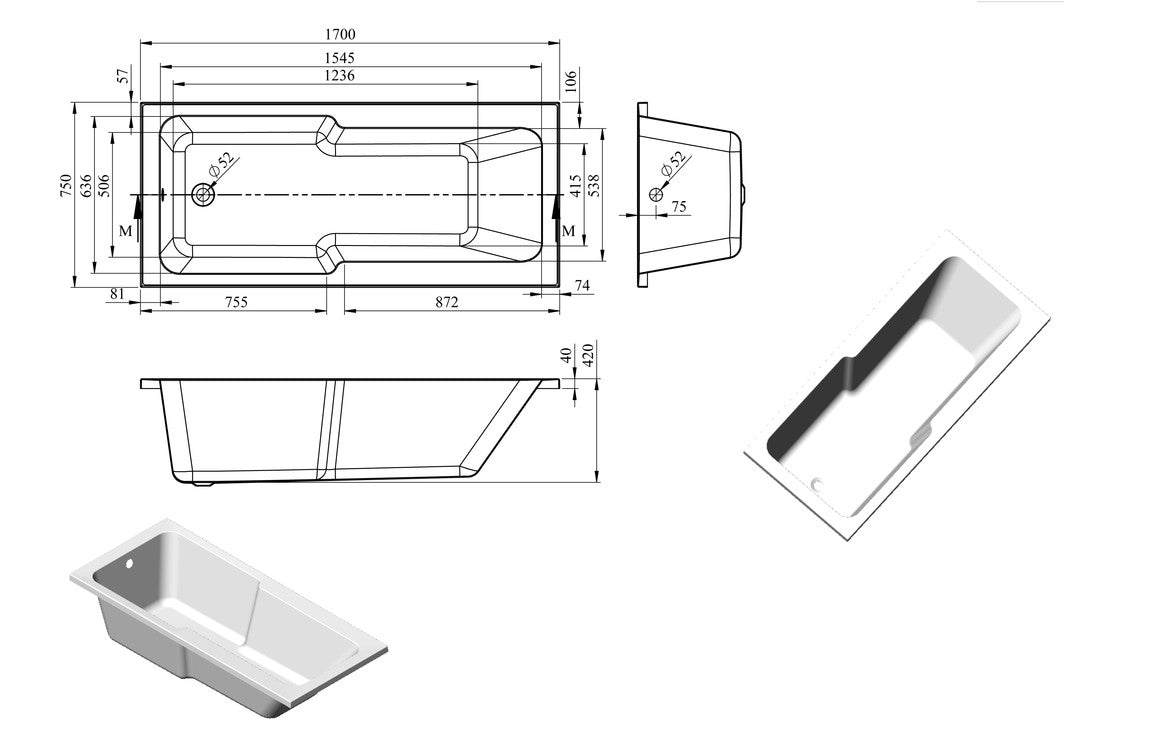 Ocala Straight 1700x750x550mm 0TH "C" Shower Bath w/Legs