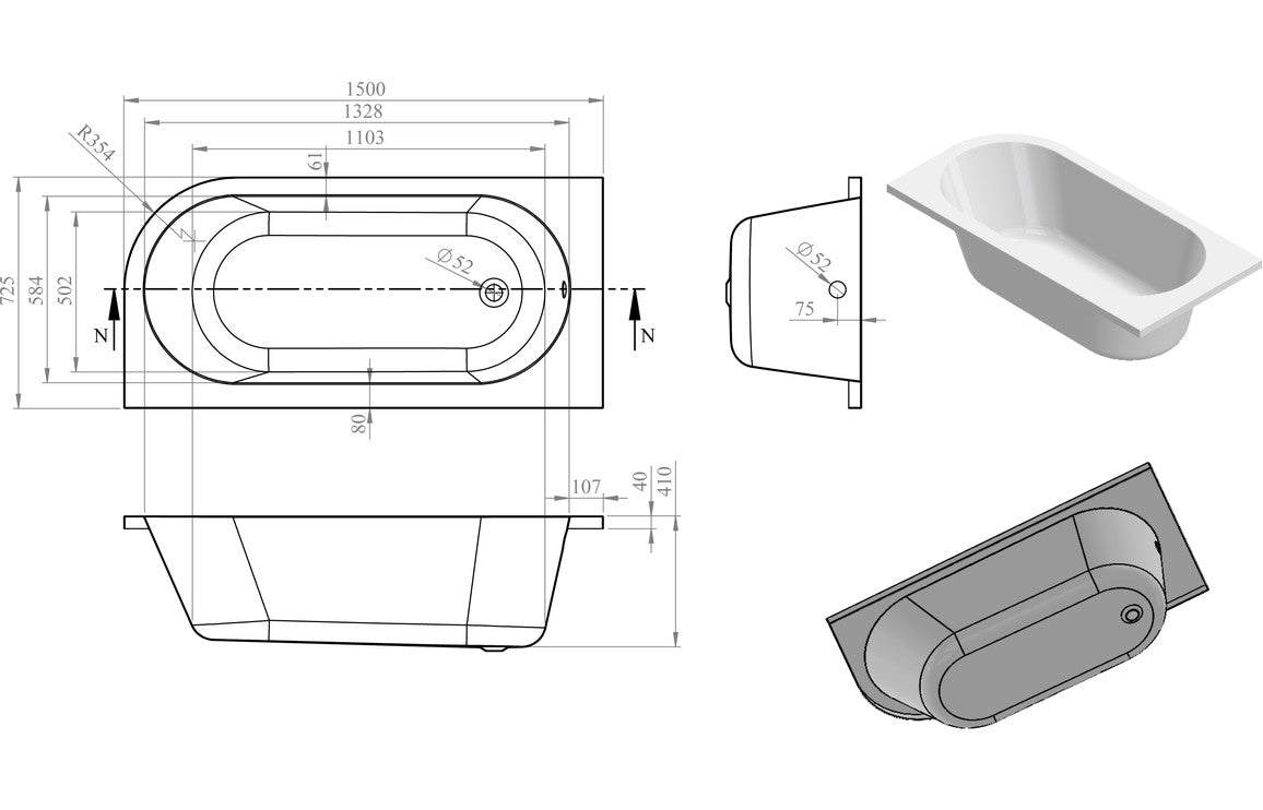 Sarasota J Shape 1500/1700x725x600mm 0TH Bath w/Legs (LH) or (RH)