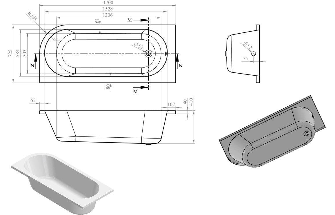 Sarasota J Shape 1500/1700x725x600mm 0TH Bath w/Legs (LH) or (RH)