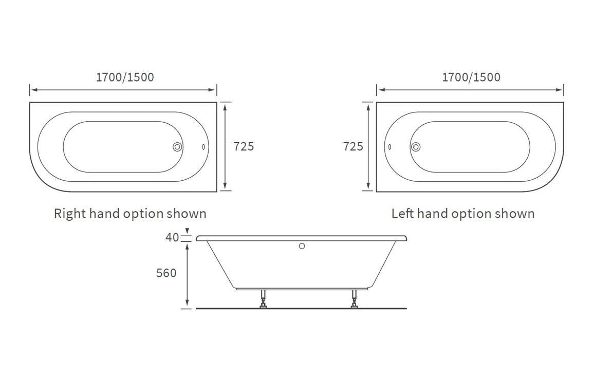 Sarasota J Shape 1500/1700x725x600mm 0TH Bath w/Legs (LH) or (RH)