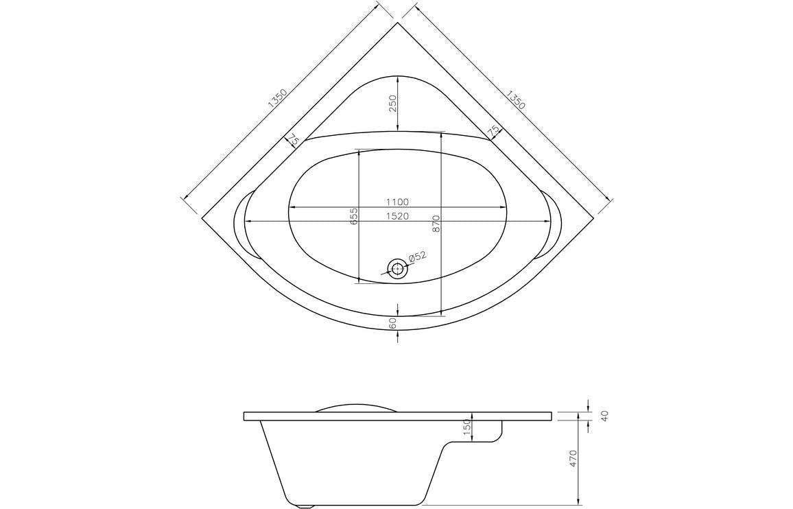 Tybee Standard 1350x1350x620mm 0TH Corner Bath w/Legs
