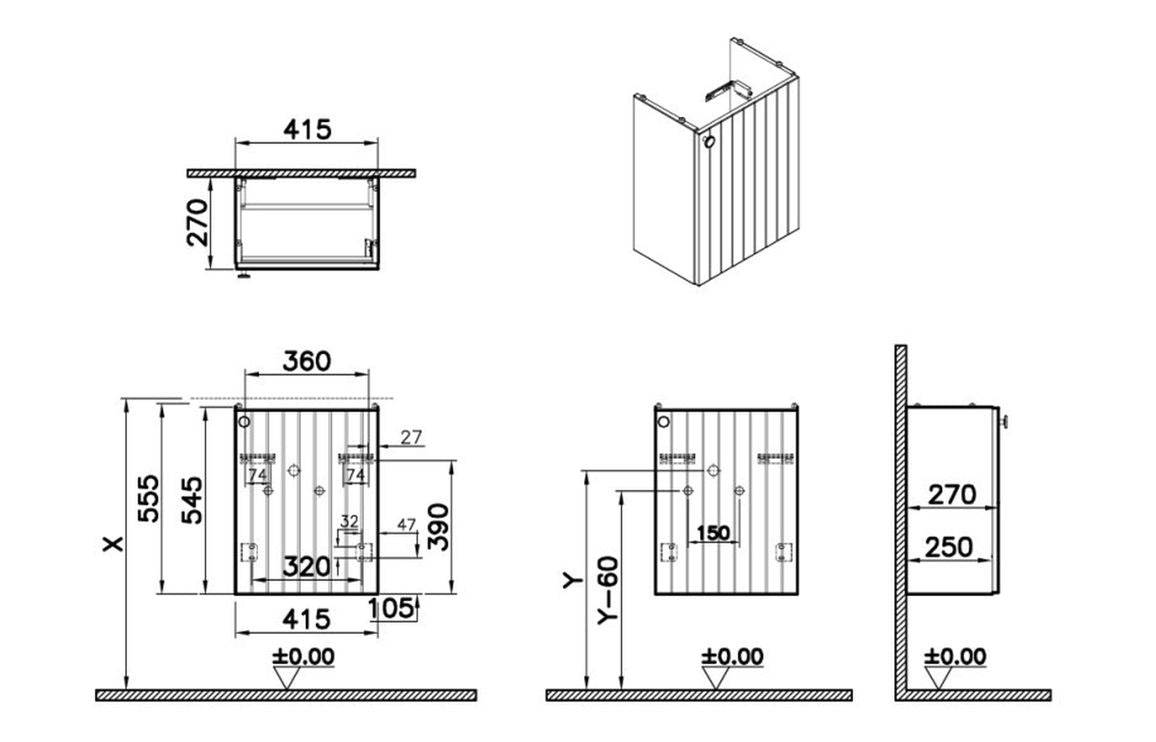 VitrA Root Groove 40cm 1 Door Wall Hung Slim Washbasin Unit - Matt White, Matt Fjord Green, Matt Grey, Matt Dark Blue, Matt Graphite, Matt Light Grey,  Matt Retro Green