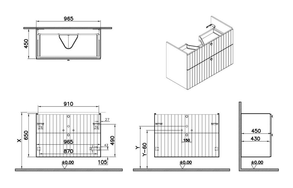 VitrA Root Groove 100cm 2 Drawer Washbasin Unit - Matt White, Matt Fjord Green, Matt Grey, Matt Dark Blue, Matt Graphite, Matt Light Grey,  Matt Retro Green