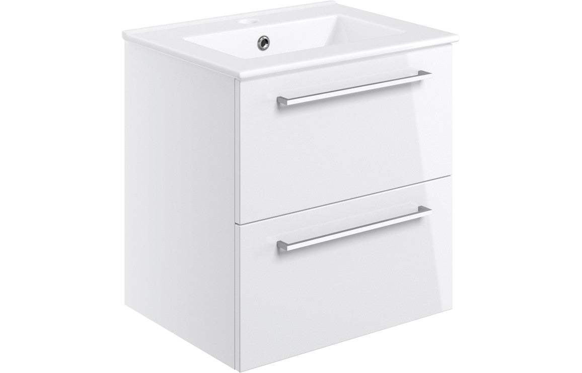 Volta 510mm Wall Hung 2 Drawer Basin Unit & Basin - White Gloss