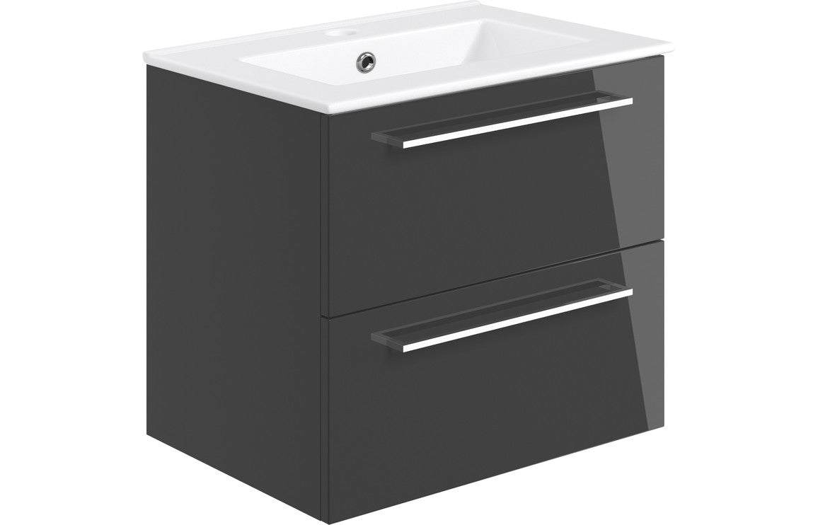 Volta 610mm Wall Hung 2 Drawer Basin Unit & Basin - Anthracite Gloss