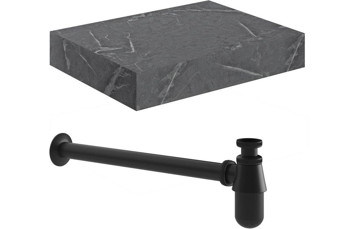 Natural 600mm Wall Hung Grey Marble Basin Shelf & Black Bottle Trap