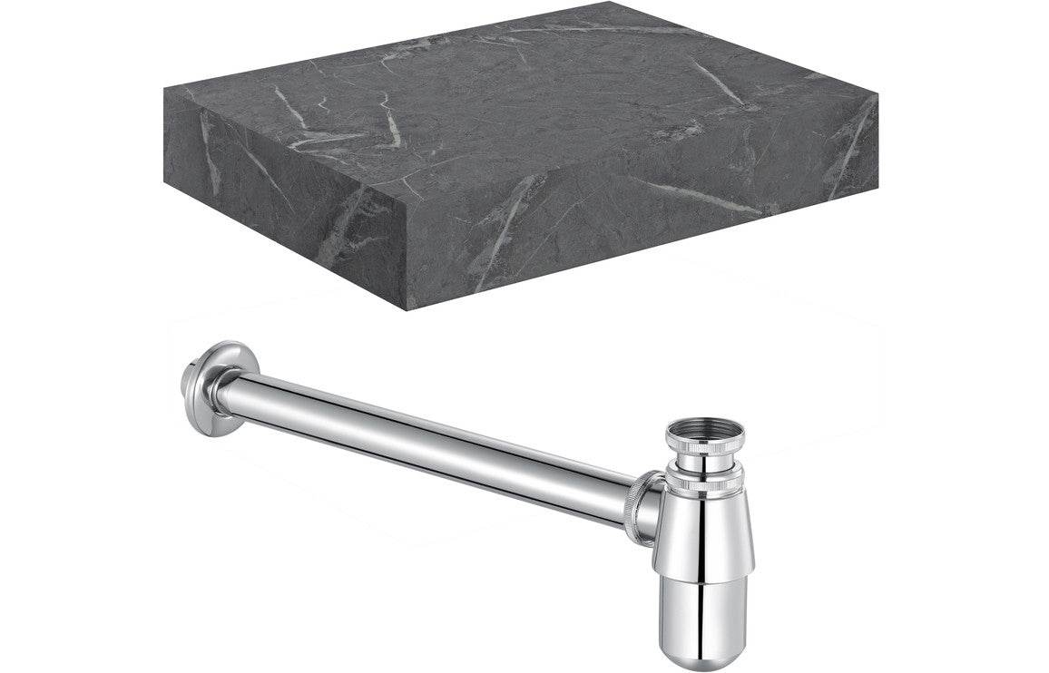 Natural 600mm Wall Hung Grey Marble Basin Shelf & Chrome Bottle Trap