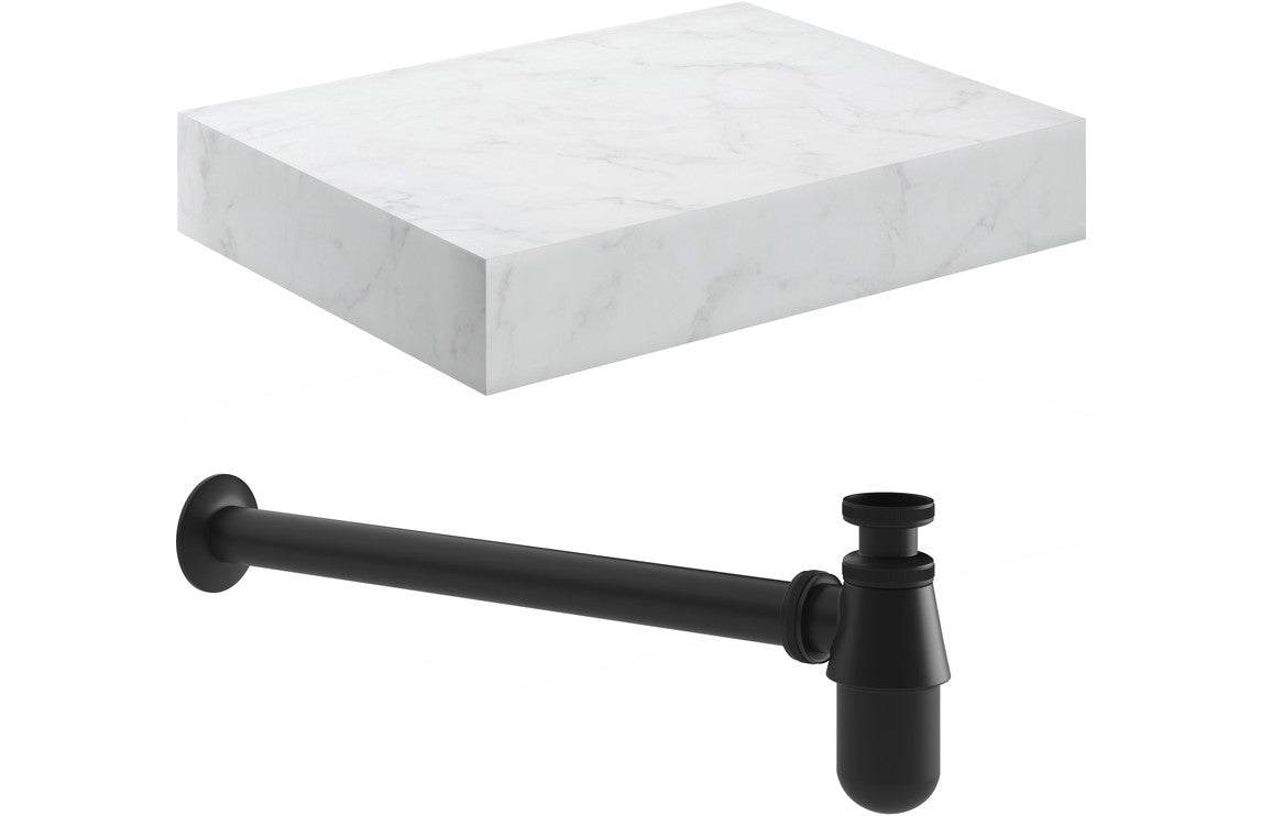 Natural 600mm Wall Hung White Marble Basin Shelf & Black Bottle Trap