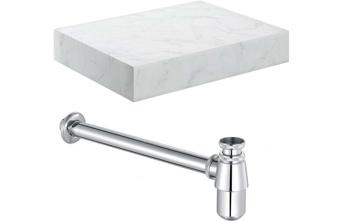 Natural 600mm Wall Hung White Marble Basin Shelf & Chrome Bottle Trap