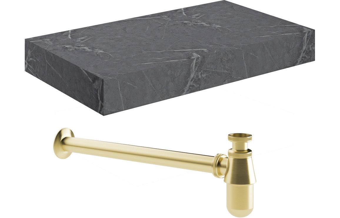 Natural 800mm Wall Hung Grey Marble Basin Shelf & Brushed Brass Bottle Trap
